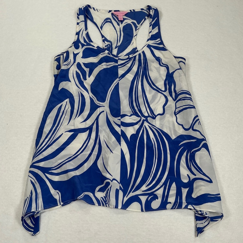 Lilly Pulitzer Silk Tank Top Blue White Floral Racerback Handkerchief Hem S